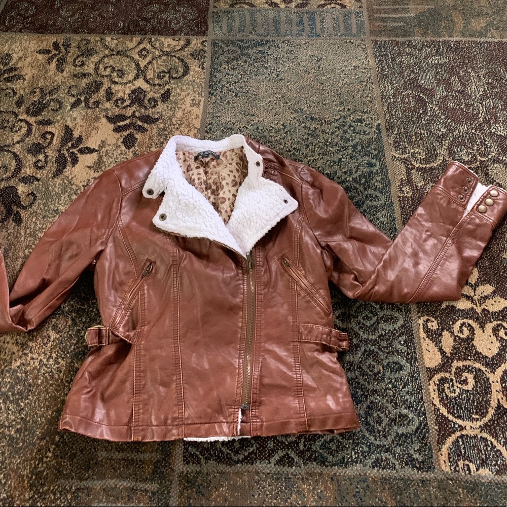 Faux Leather Jacket with Shearling Detail